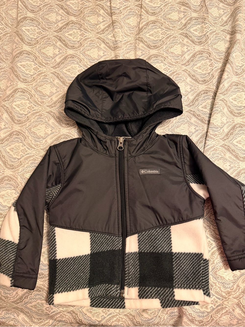 Columbia Black Hooded Jacket with Black & Cream Plaid Panels